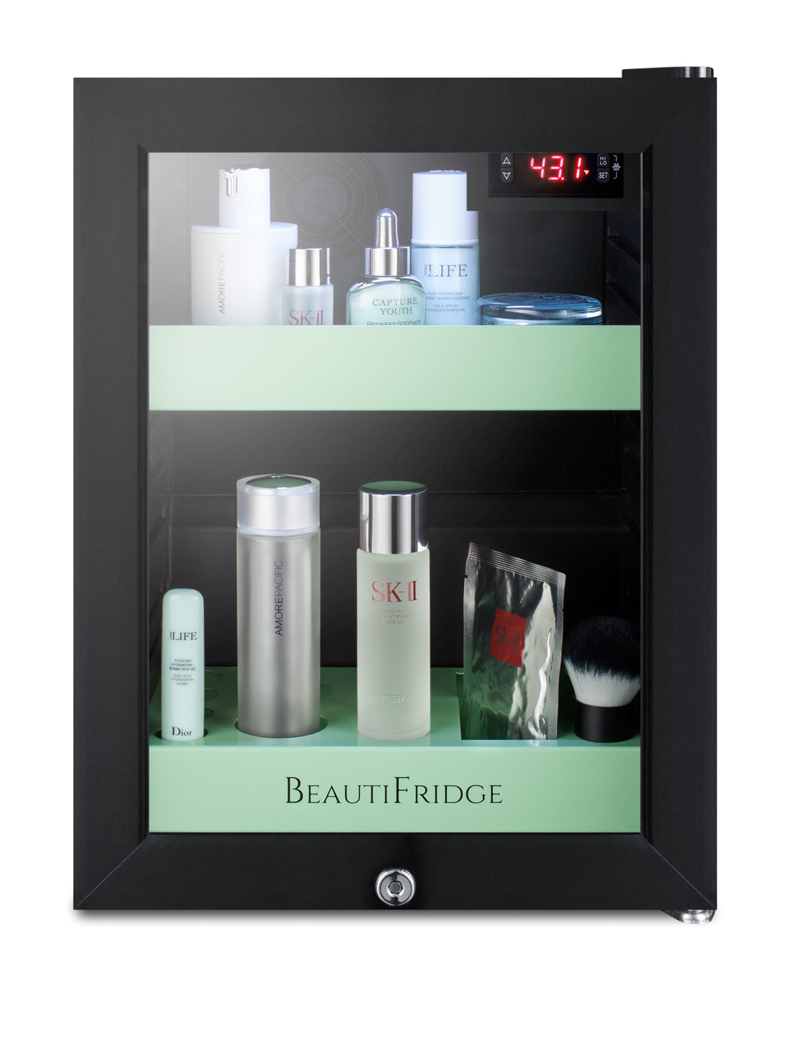 BeautiFridge compact cosmetics cooler with glass door, black cabinet, lock, glossy mint-colored shelves, and digital controls set for the storage of beauty products